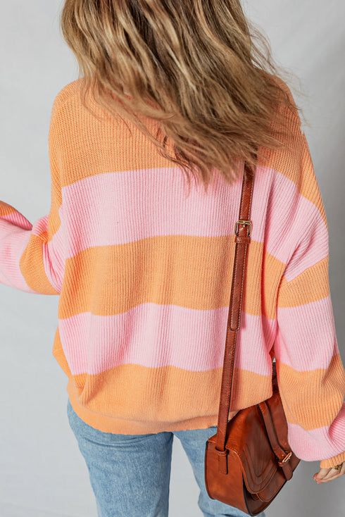 Striped Chevron Ribbed Knit Half Zip Sweater
