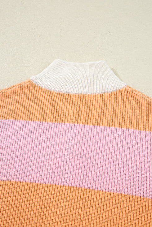 Striped Chevron Ribbed Knit Half Zip Sweater