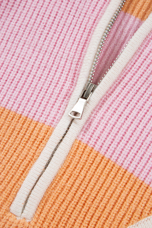 Striped Chevron Ribbed Knit Half Zip Sweater