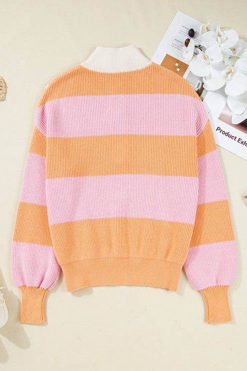 Striped Chevron Ribbed Knit Half Zip Sweater