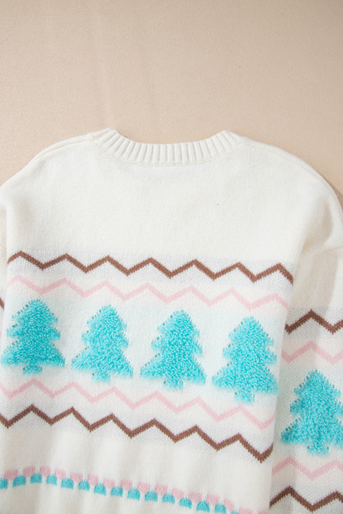 Striped Christmas Tree Drop Shoulder Ribbed Trim Sweater