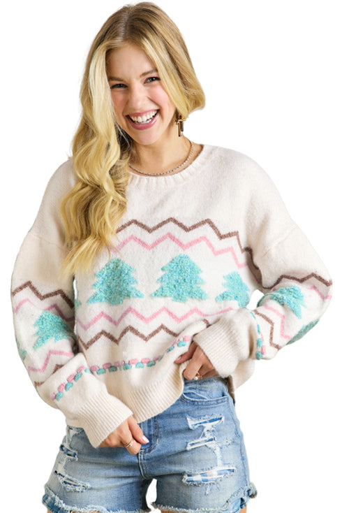 Striped Christmas Tree Drop Shoulder Ribbed Trim Sweater