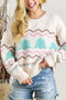 Striped Christmas Tree Drop Shoulder Ribbed Trim Sweater