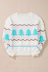 Striped Christmas Tree Drop Shoulder Ribbed Trim Sweater