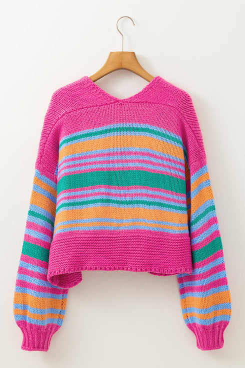 Striped Chunky Knit Balloon Sleeve Open Front Cardigan