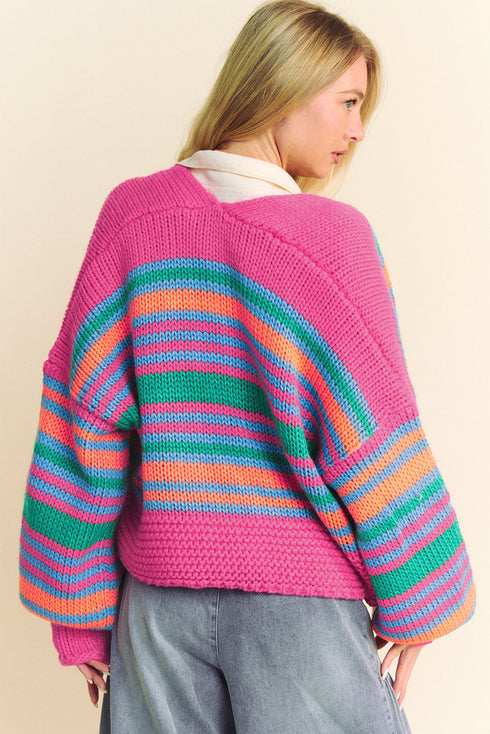 Striped Chunky Knit Balloon Sleeve Open Front Cardigan