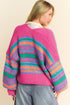 Striped Chunky Knit Balloon Sleeve Open Front Cardigan