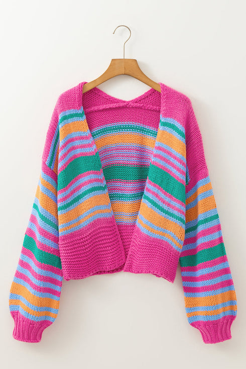 Striped Chunky Knit Balloon Sleeve Open Front Cardigan