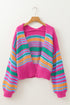 Striped Chunky Knit Balloon Sleeve Open Front Cardigan