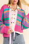 Striped Chunky Knit Balloon Sleeve Open Front Cardigan