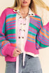 Striped Chunky Knit Balloon Sleeve Open Front Cardigan
