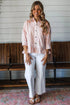 Striped Collar Button Front Bracelet Sleeve Ruffle Hem Shirt
