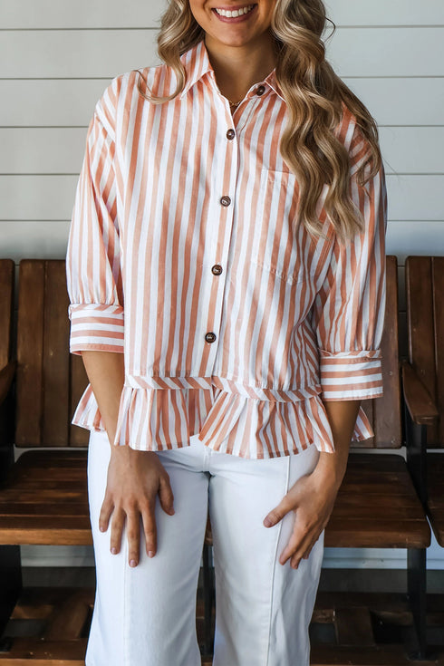 Striped Collar Button Front Bracelet Sleeve Ruffle Hem Shirt