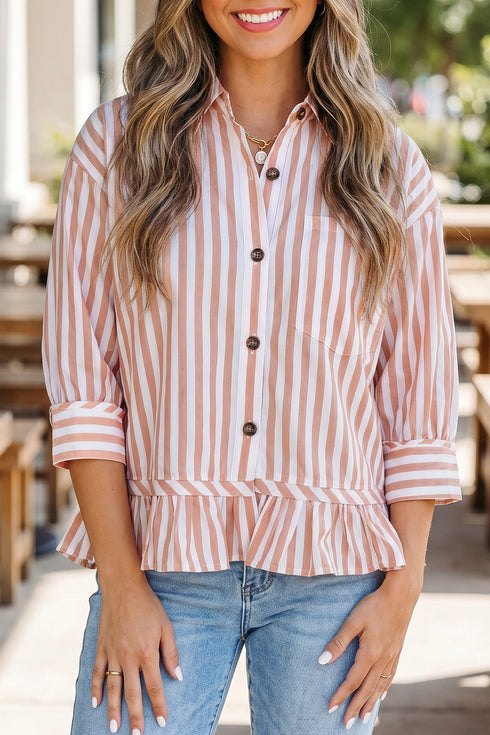 Striped Collar Button Front Bracelet Sleeve Ruffle Hem Shirt