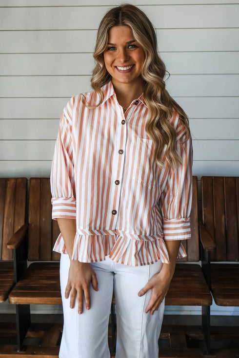 Striped Collar Button Front Bracelet Sleeve Ruffle Hem Shirt