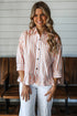 Striped Collar Button Front Bracelet Sleeve Ruffle Hem Shirt