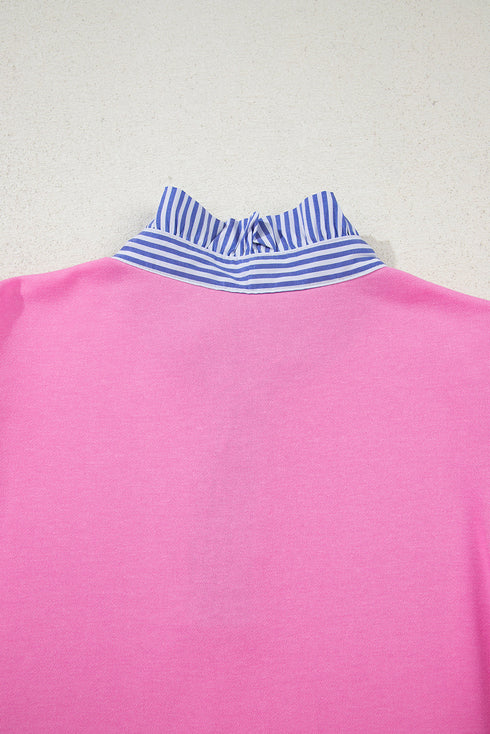 Striped Collar Patchwork Puff Sleeve Ruffle Hem Mini Dress