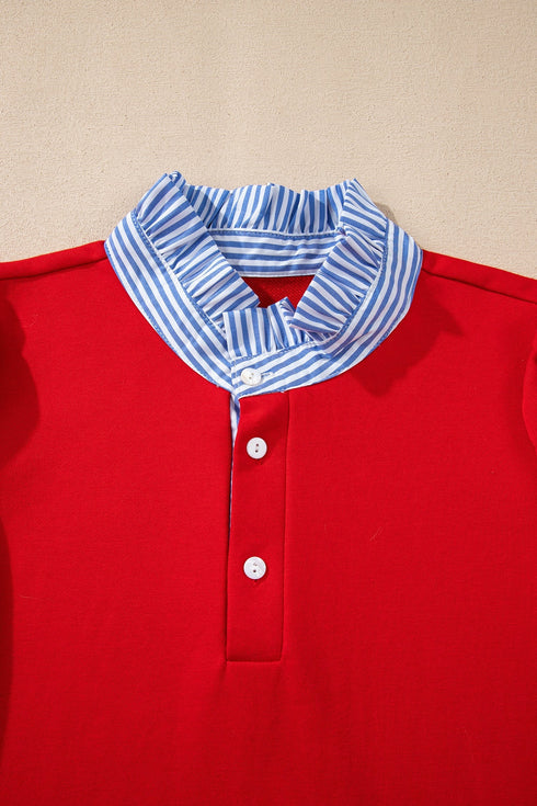 Striped Collar Patchwork Puff Sleeve Ruffle Hem Mini Dress