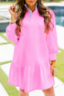 Striped Collar Patchwork Puff Sleeve Ruffle Hem Mini Dress