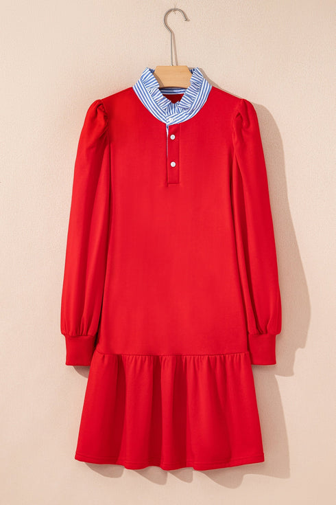 Striped Collar Patchwork Puff Sleeve Ruffle Hem Mini Dress