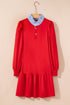 Striped Collar Patchwork Puff Sleeve Ruffle Hem Mini Dress