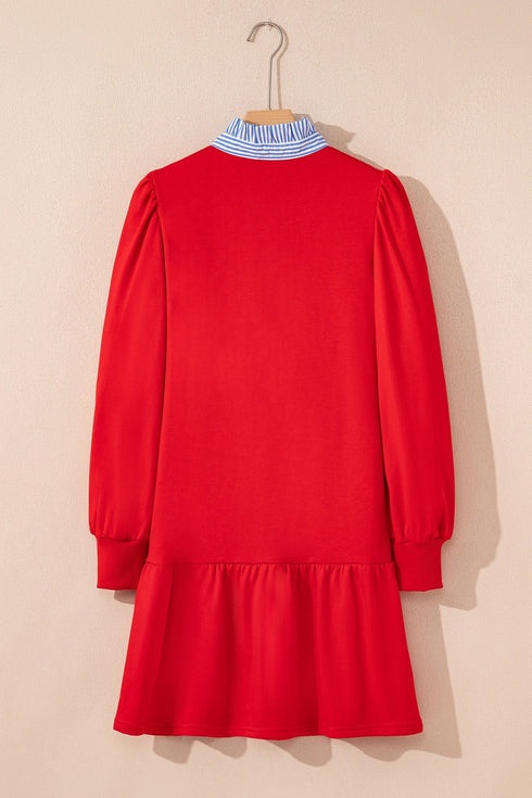 Striped Collar Patchwork Puff Sleeve Ruffle Hem Mini Dress