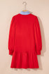 Striped Collar Patchwork Puff Sleeve Ruffle Hem Mini Dress