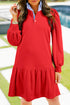 Striped Collar Patchwork Puff Sleeve Ruffle Hem Mini Dress