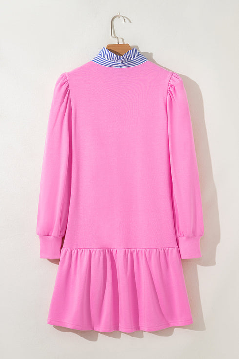 Striped Collar Patchwork Puff Sleeve Ruffle Hem Mini Dress