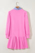 Striped Collar Patchwork Puff Sleeve Ruffle Hem Mini Dress