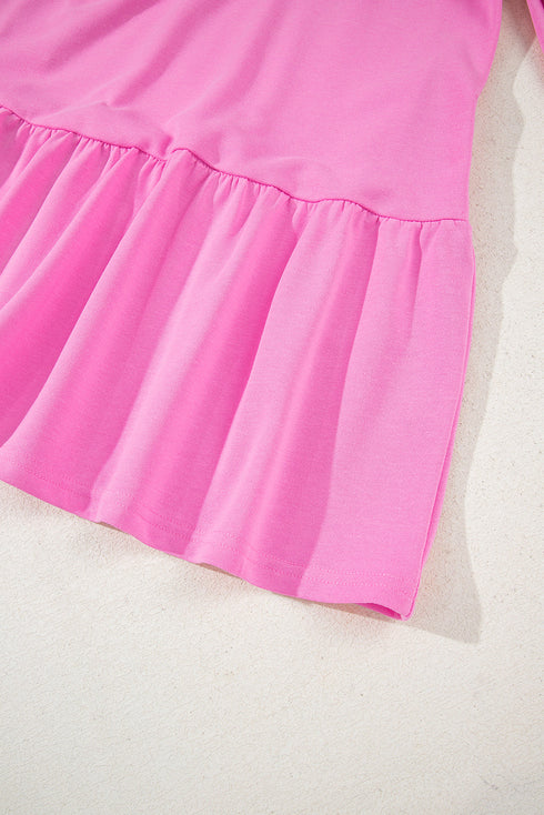 Striped Collar Patchwork Puff Sleeve Ruffle Hem Mini Dress