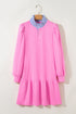 Striped Collar Patchwork Puff Sleeve Ruffle Hem Mini Dress