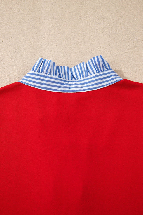 Striped Collar Patchwork Puff Sleeve Ruffle Hem Mini Dress