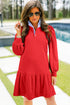 Striped Collar Patchwork Puff Sleeve Ruffle Hem Mini Dress