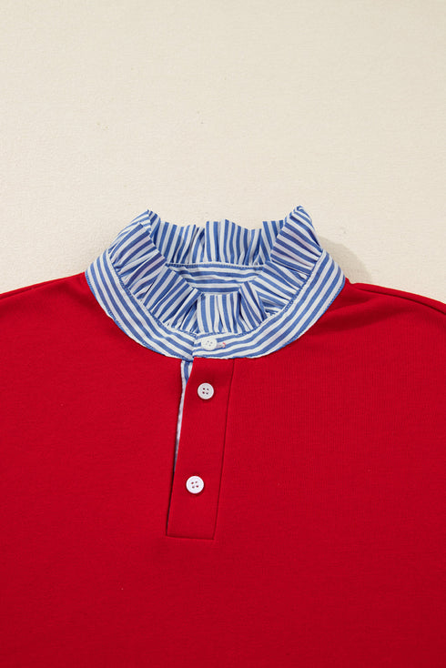 Striped Collar Patchwork Satin Bow Sweatshirt Short Set