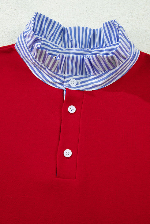 Striped Collar Patchwork Satin Bow Sweatshirt Short Set