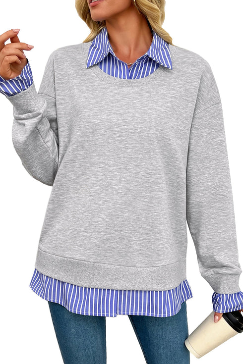 Striped Collar Two In One Patchwork Loose Sweatshirt