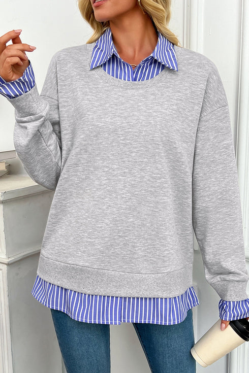 Striped Collar Two In One Patchwork Loose Sweatshirt