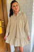 Striped Collared Cuffed Long Sleeve Drop Waist Mini Dress