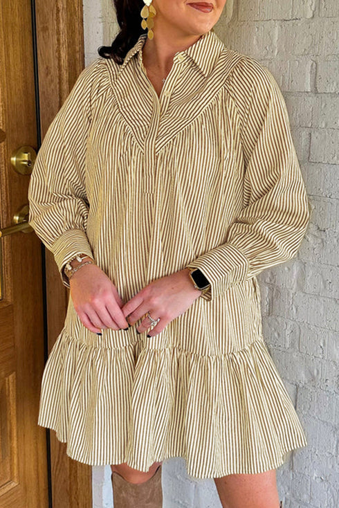 Striped Collared Cuffed Long Sleeve Drop Waist Mini Dress