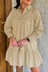 Striped Collared Cuffed Long Sleeve Drop Waist Mini Dress