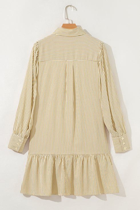 Striped Collared Cuffed Long Sleeve Drop Waist Mini Dress