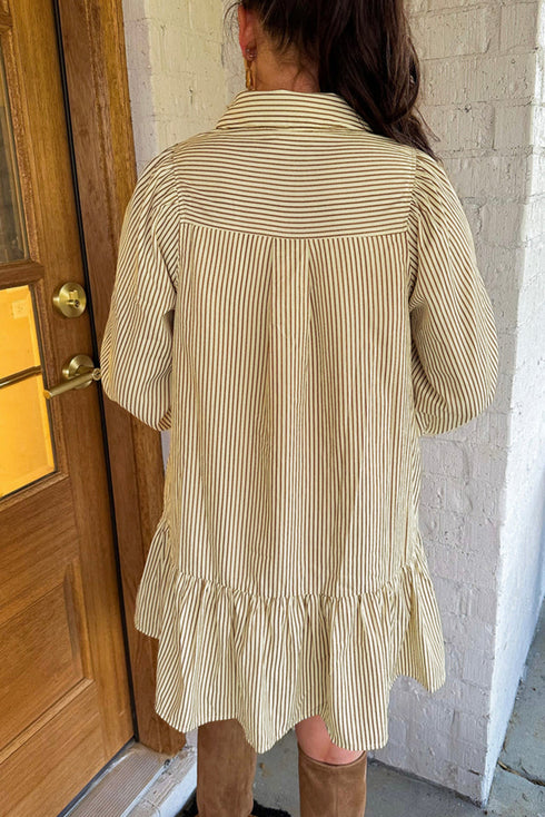 Striped Collared Cuffed Long Sleeve Drop Waist Mini Dress
