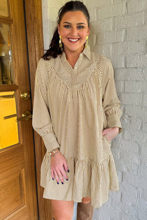 Striped Collared Cuffed Long Sleeve Drop Waist Mini Dress