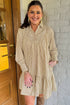 Striped Collared Cuffed Long Sleeve Drop Waist Mini Dress