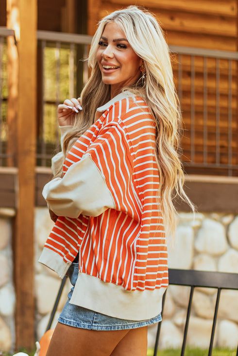 Striped Collared Drop Shoulder Relaxed Fit Polo Sweatshirt