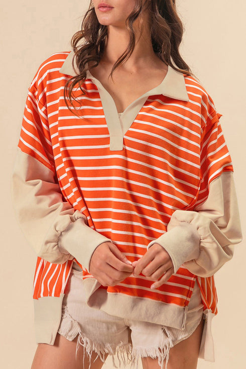 Striped Collared Drop Shoulder Relaxed Fit Polo Sweatshirt