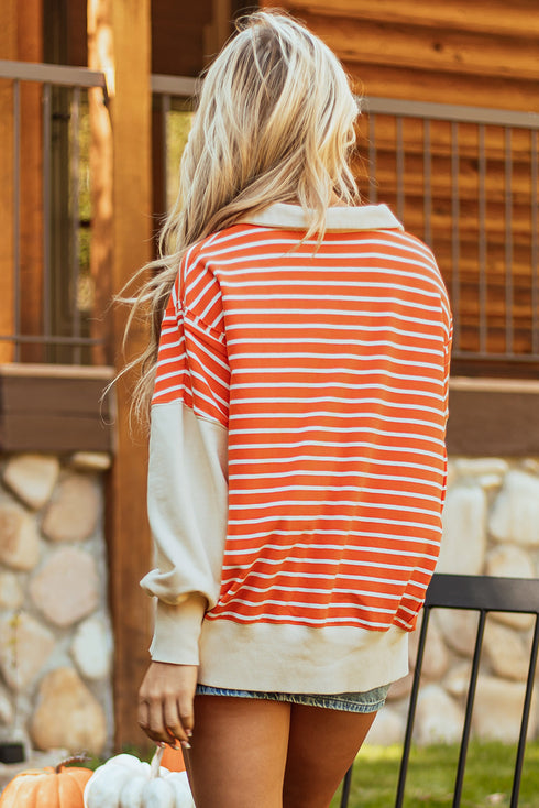 Striped Collared Drop Shoulder Relaxed Fit Polo Sweatshirt