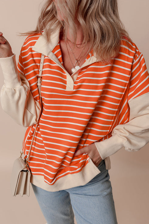 Striped Collared Drop Shoulder Relaxed Fit Polo Sweatshirt