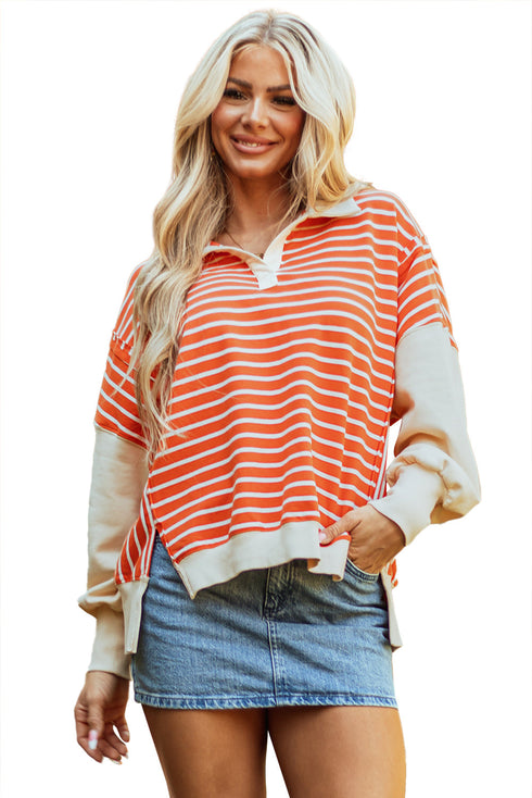 Striped Collared Drop Shoulder Relaxed Fit Polo Sweatshirt